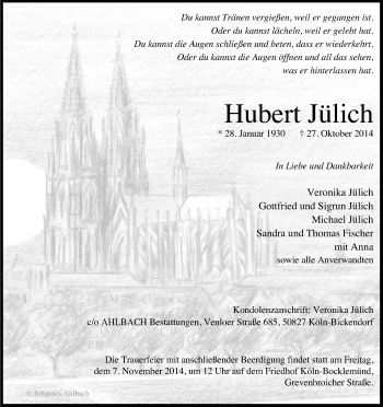 Anzeige von Hubert Jülich von Kölner Stadt-Anzeiger / Kölnische Rundschau / Express