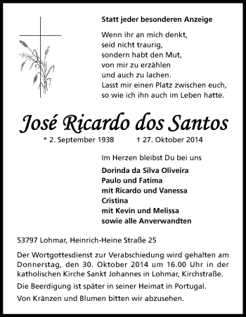 Anzeige von José Ricardo dos Santos von Kölner Stadt-Anzeiger / Kölnische Rundschau / Express