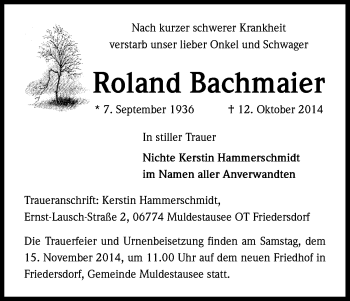 Anzeige von Roland Bachmaler von Kölner Stadt-Anzeiger / Kölnische Rundschau / Express