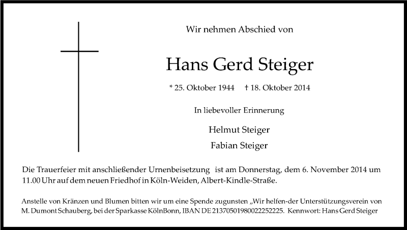 Traueranzeige für Hans Gerd Steiger vom 01.11.2014 aus Kölner Stadt-Anzeiger / Kölnische Rundschau / Express