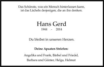 Anzeige von Hans Gerd Steiger von Kölner Stadt-Anzeiger / Kölnische Rundschau / Express