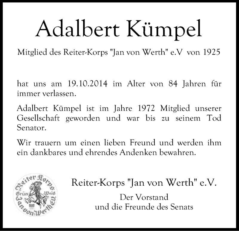  Traueranzeige für Adalbert Kümpel vom 01.11.2014 aus Kölner Stadt-Anzeiger / Kölnische Rundschau / Express