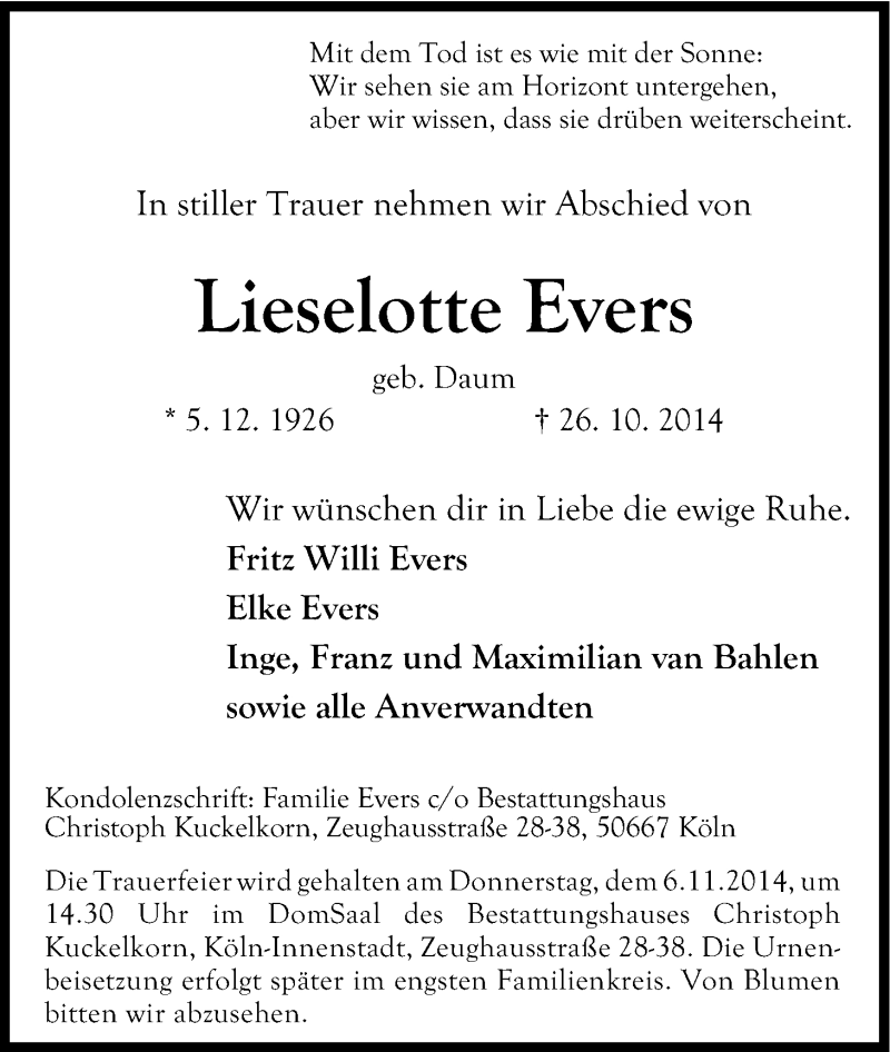  Traueranzeige für Lieselotte Evers vom 01.11.2014 aus Kölner Stadt-Anzeiger / Kölnische Rundschau / Express