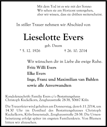 Anzeige von Lieselotte Evers von Kölner Stadt-Anzeiger / Kölnische Rundschau / Express