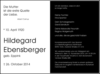 Anzeige von Hildegard Ebensberger von Kölner Stadt-Anzeiger / Kölnische Rundschau / Express