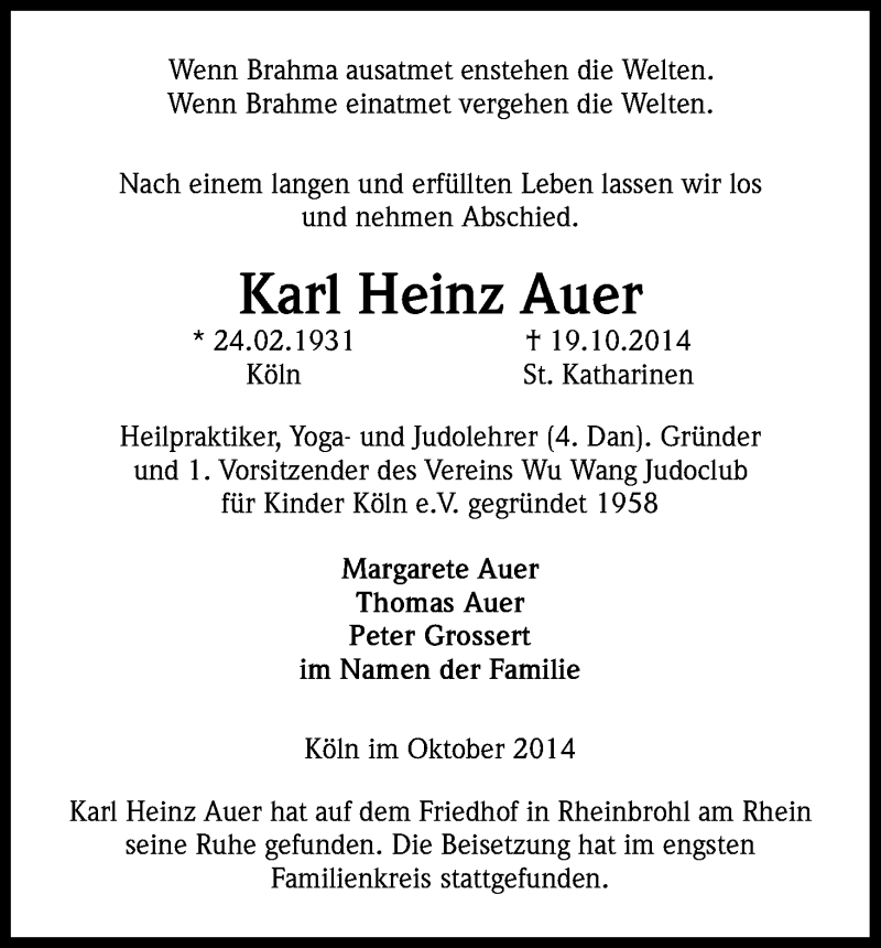  Traueranzeige für Karl Heinz Auer vom 01.11.2014 aus Kölner Stadt-Anzeiger / Kölnische Rundschau / Express