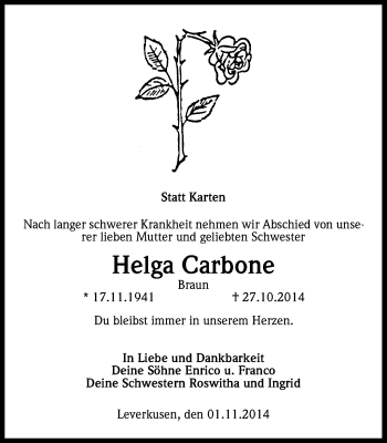 Anzeige von Helga Carbone von Kölner Stadt-Anzeiger / Kölnische Rundschau / Express
