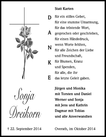 Anzeige von Sonja Dreikorn von Kölner Stadt-Anzeiger / Kölnische Rundschau / Express