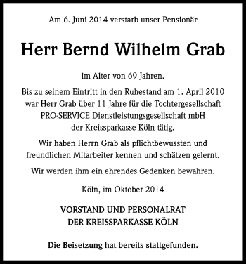 Anzeige von Bernd Wilhelm Grab von Kölner Stadt-Anzeiger / Kölnische Rundschau / Express