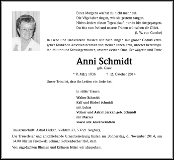 Anzeige von Anni Schmidt von Kölner Stadt-Anzeiger / Kölnische Rundschau / Express