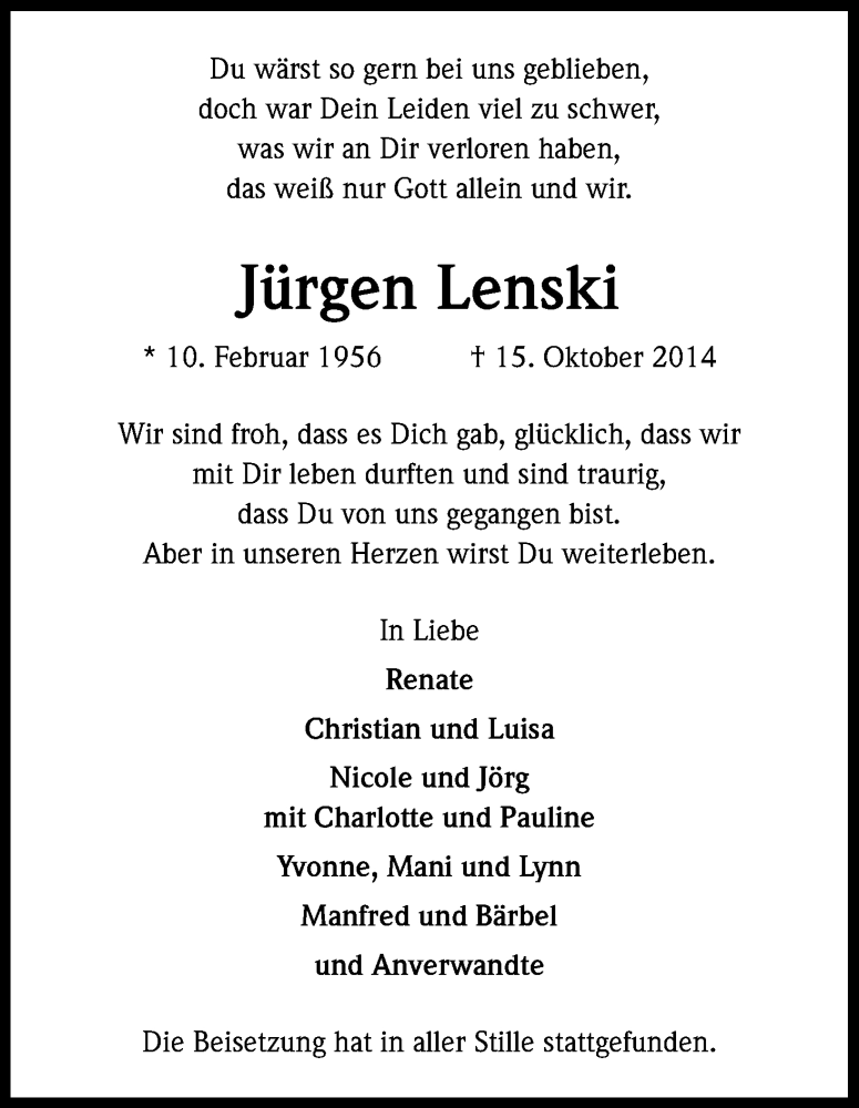  Traueranzeige für Jürgen Lenski vom 01.11.2014 aus Kölner Stadt-Anzeiger / Kölnische Rundschau / Express