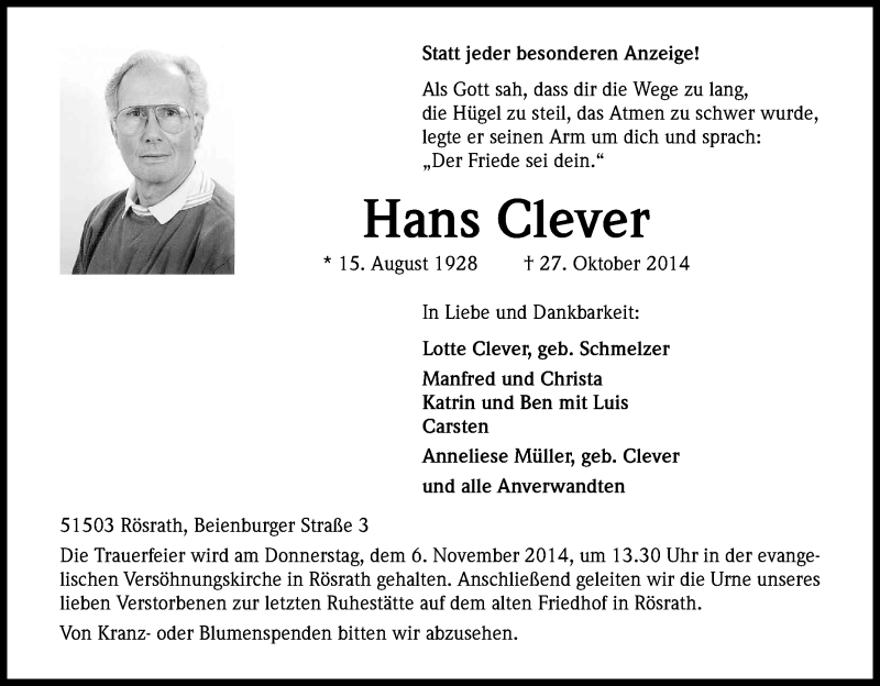  Traueranzeige für Hans Clever vom 01.11.2014 aus Kölner Stadt-Anzeiger / Kölnische Rundschau / Express