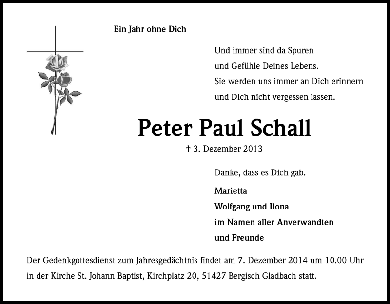  Traueranzeige für Peter Paul Schall vom 29.11.2014 aus Kölner Stadt-Anzeiger / Kölnische Rundschau / Express