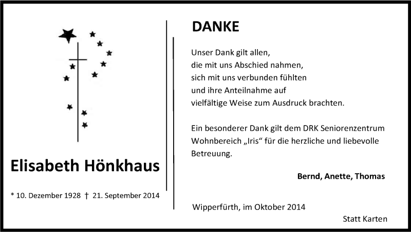  Traueranzeige für Elisabeth Hönkhaus vom 31.10.2014 aus Kölner Stadt-Anzeiger / Kölnische Rundschau / Express