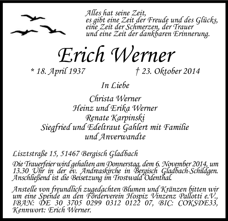  Traueranzeige für Erich Werner vom 31.10.2014 aus Kölner Stadt-Anzeiger / Kölnische Rundschau / Express