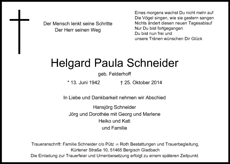  Traueranzeige für Helgard Paula Schneider vom 31.10.2014 aus Kölner Stadt-Anzeiger / Kölnische Rundschau / Express
