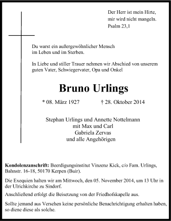 Anzeige von Bruno Urlings von Kölner Stadt-Anzeiger / Kölnische Rundschau / Express