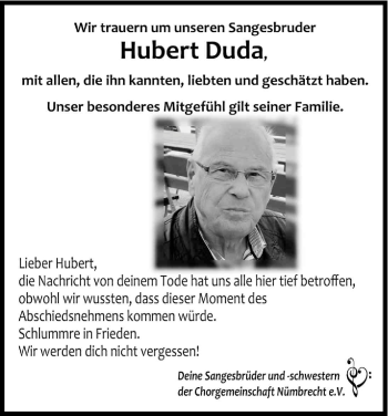 Anzeige von Hubert Duda von Kölner Stadt-Anzeiger / Kölnische Rundschau / Express