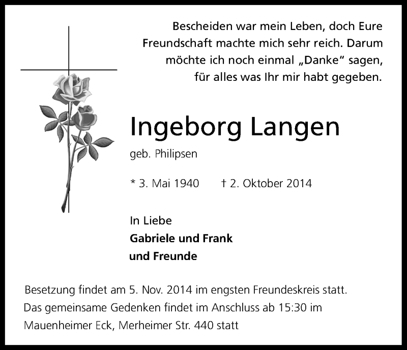  Traueranzeige für Ingeborg Langen vom 01.11.2014 aus Kölner Stadt-Anzeiger / Kölnische Rundschau / Express