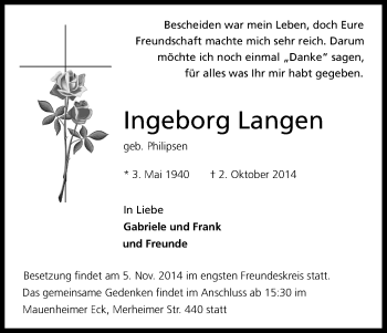 Anzeige von Ingeborg Langen von Kölner Stadt-Anzeiger / Kölnische Rundschau / Express