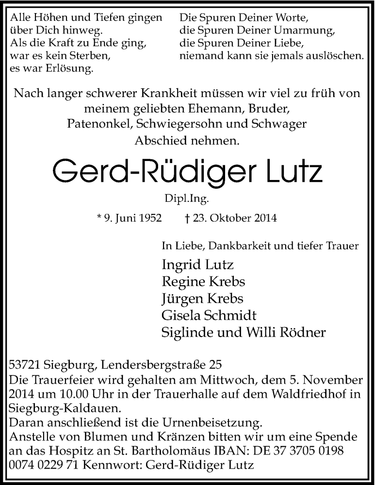  Traueranzeige für Gerd-Rüdiger Lutz vom 31.10.2014 aus Kölner Stadt-Anzeiger / Kölnische Rundschau / Express