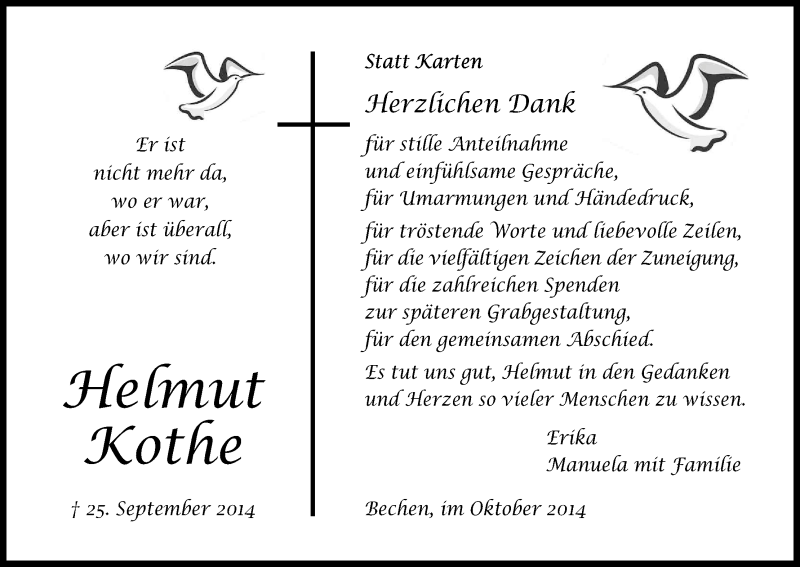  Traueranzeige für Helmut Kothe vom 31.10.2014 aus Kölner Stadt-Anzeiger / Kölnische Rundschau / Express