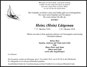 Anzeige von Heinz Hein Lütgenau von Kölner Stadt-Anzeiger / Kölnische Rundschau / Express
