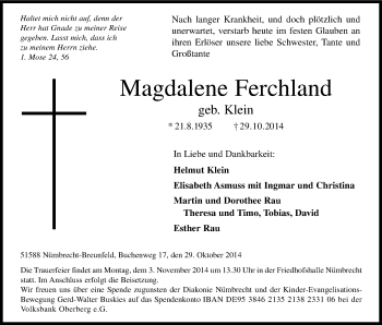 Anzeige von Magdalene Ferchland von Kölner Stadt-Anzeiger / Kölnische Rundschau / Express