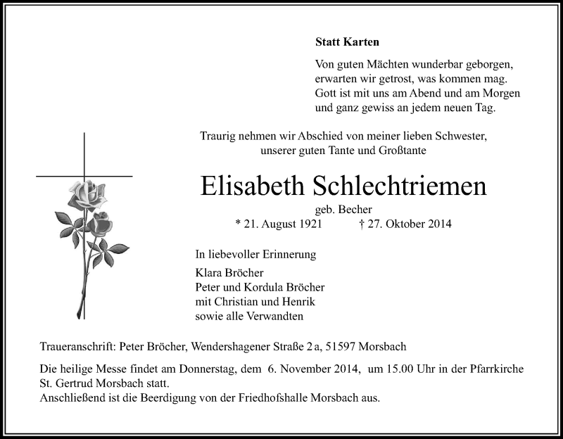  Traueranzeige für Elisabeth Schlechtriemen vom 01.11.2014 aus Kölner Stadt-Anzeiger / Kölnische Rundschau / Express