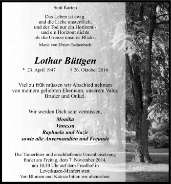 Anzeige von Lothar Büttgen von Kölner Stadt-Anzeiger / Kölnische Rundschau / Express