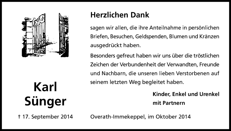  Traueranzeige für Karl Sünger vom 01.11.2014 aus Kölner Stadt-Anzeiger / Kölnische Rundschau / Express