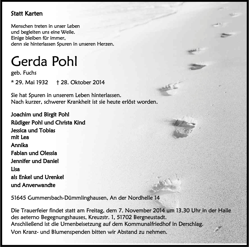  Traueranzeige für Gerda Pohl vom 01.11.2014 aus Kölner Stadt-Anzeiger / Kölnische Rundschau / Express