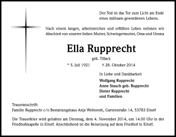 Anzeige von Ella Rupprecht von Kölner Stadt-Anzeiger / Kölnische Rundschau / Express