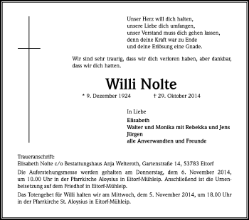 Anzeige von Willi Nolte von Kölner Stadt-Anzeiger / Kölnische Rundschau / Express