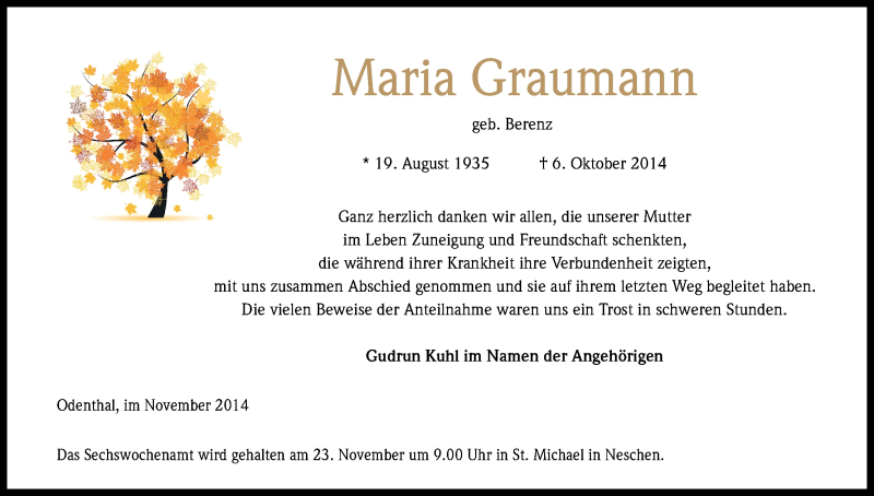  Traueranzeige für Maria Graumann vom 08.11.2014 aus Kölner Stadt-Anzeiger / Kölnische Rundschau / Express