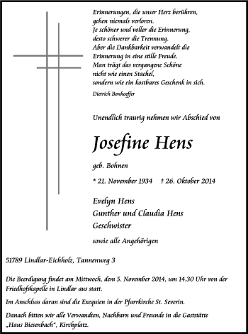 Anzeige von Josefine Hens von Kölner Stadt-Anzeiger / Kölnische Rundschau / Express