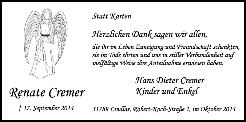  Traueranzeige für Renate Cremer vom 01.11.2014 aus Kölner Stadt-Anzeiger / Kölnische Rundschau / Express