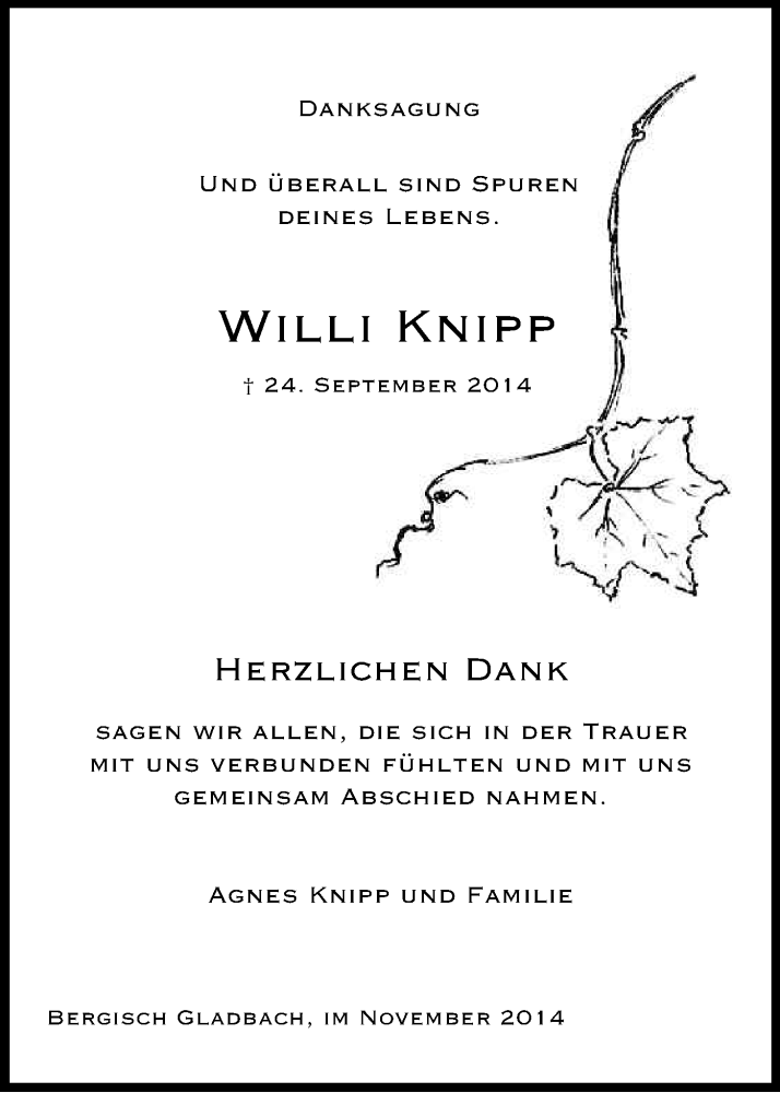  Traueranzeige für Willi Knipp vom 01.11.2014 aus Kölner Stadt-Anzeiger / Kölnische Rundschau / Express