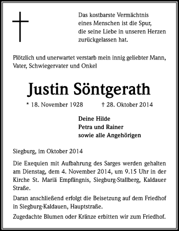 Anzeige von Justin Söntgerath von Kölner Stadt-Anzeiger / Kölnische Rundschau / Express