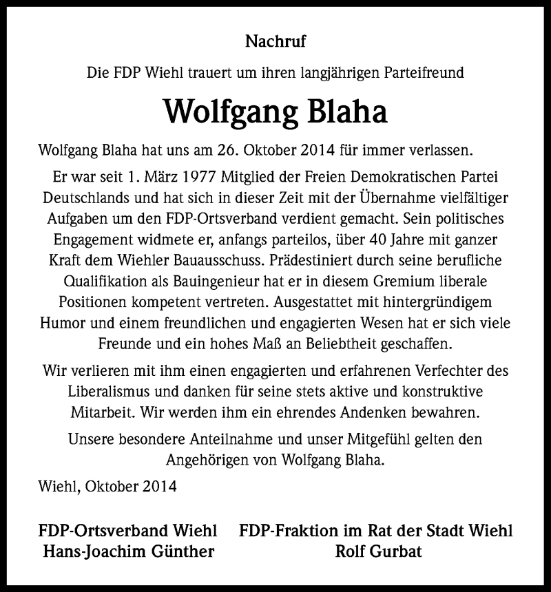  Traueranzeige für Wolfgang Blaha vom 01.11.2014 aus Kölner Stadt-Anzeiger / Kölnische Rundschau / Express