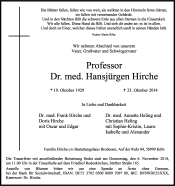 Anzeige von Hansjürgen Hirche von Kölner Stadt-Anzeiger / Kölnische Rundschau / Express