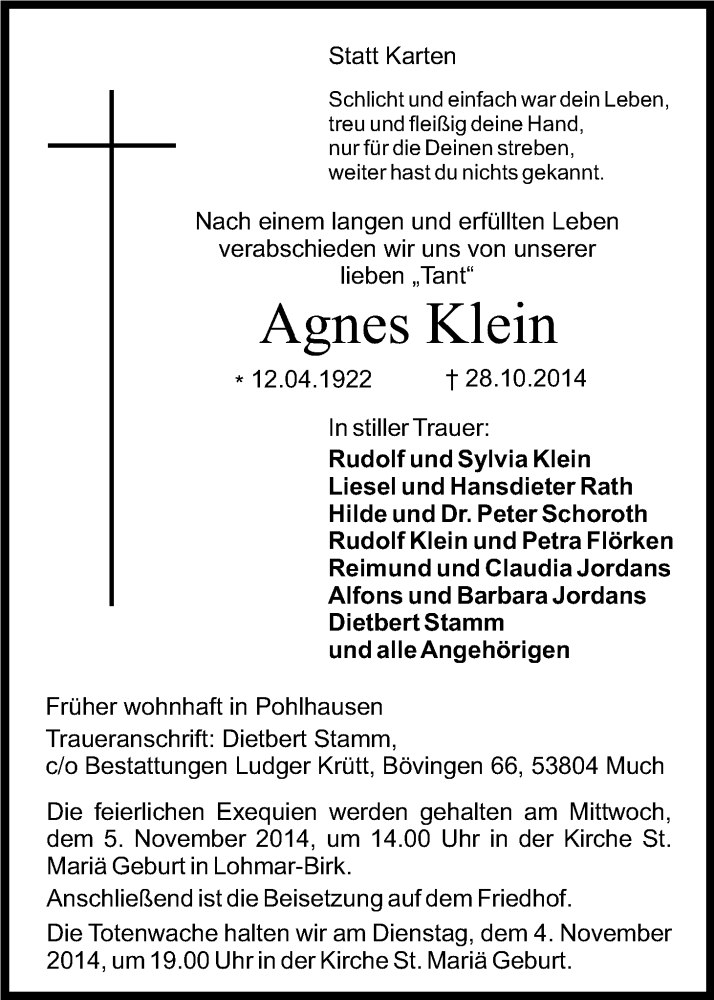  Traueranzeige für Agnes Klein vom 01.11.2014 aus Kölner Stadt-Anzeiger / Kölnische Rundschau / Express