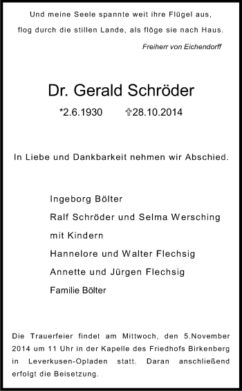 Anzeige von Gerald  Schröder von Kölner Stadt-Anzeiger / Kölnische Rundschau / Express
