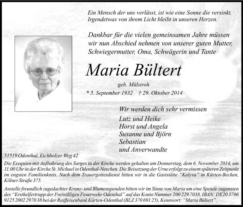  Traueranzeige für Maria Bültert vom 31.10.2014 aus Kölner Stadt-Anzeiger / Kölnische Rundschau / Express