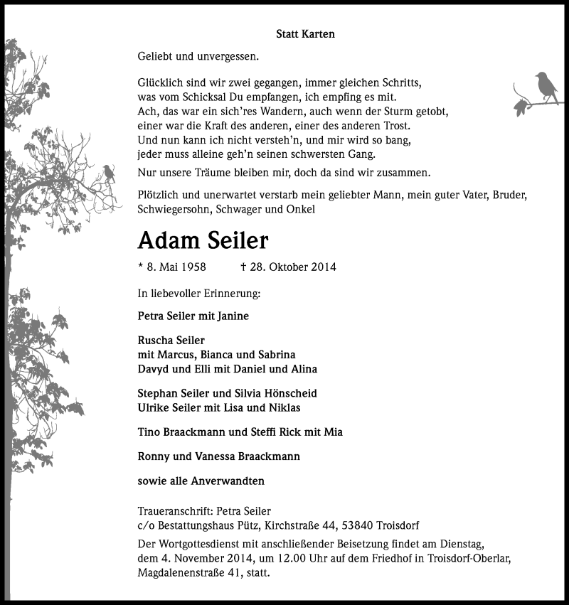  Traueranzeige für Adam Seiler vom 01.11.2014 aus Kölner Stadt-Anzeiger / Kölnische Rundschau / Express