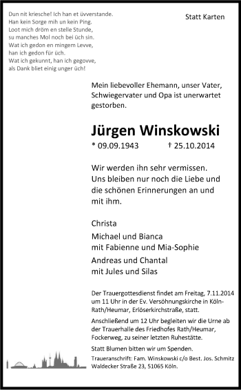 Anzeige von Jürgen Winkowski von Kölner Stadt-Anzeiger / Kölnische Rundschau / Express