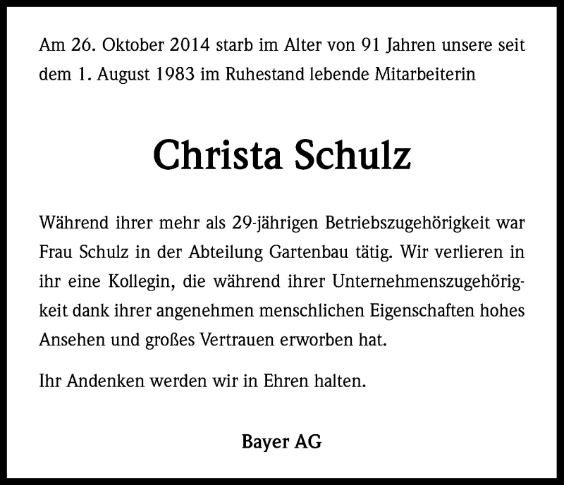  Traueranzeige für Christa Schulz vom 03.11.2014 aus Kölner Stadt-Anzeiger / Kölnische Rundschau / Express