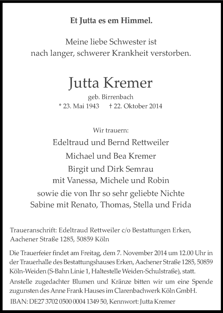 Traueranzeige für Jutta  Kremer vom 01.11.2014 aus Kölner Stadt-Anzeiger / Kölnische Rundschau / Express