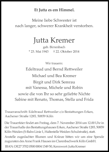 Anzeige von Jutta  Kremer von Kölner Stadt-Anzeiger / Kölnische Rundschau / Express
