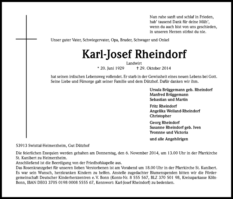  Traueranzeige für Karl-Josef Rheindorf vom 01.11.2014 aus Kölner Stadt-Anzeiger / Kölnische Rundschau / Express
